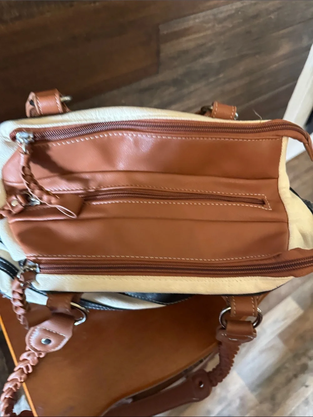Stone Mountain Black and Cream Striped Shoulder Bag with Tan Braided Handles